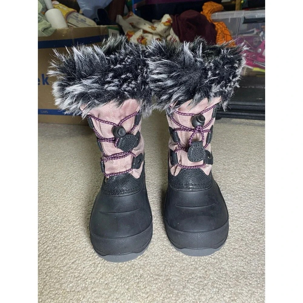 Kamik Kids Pink Black Waterproof Winter Snow Boots Faux Fur Trim Size 11